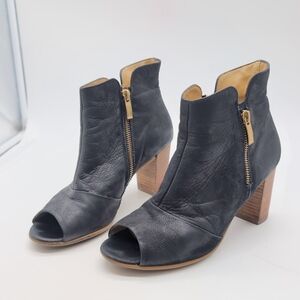 Paul Green Bellini Sz 8 Black Leather Peep-Toe Ankle Boots Stack Heel